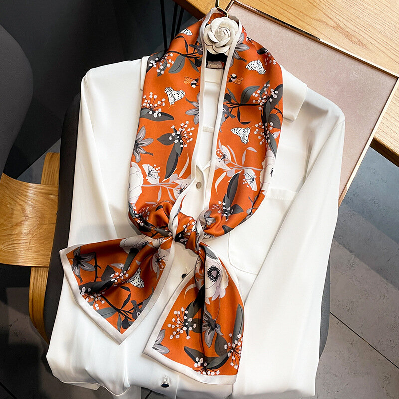 2022 Design Brand Women Scarf Small Size Skinny Silk Scarfs Bags Ribbon Tie Band Foualrd Neckerchief Hair Neck Scarves 17*150cm