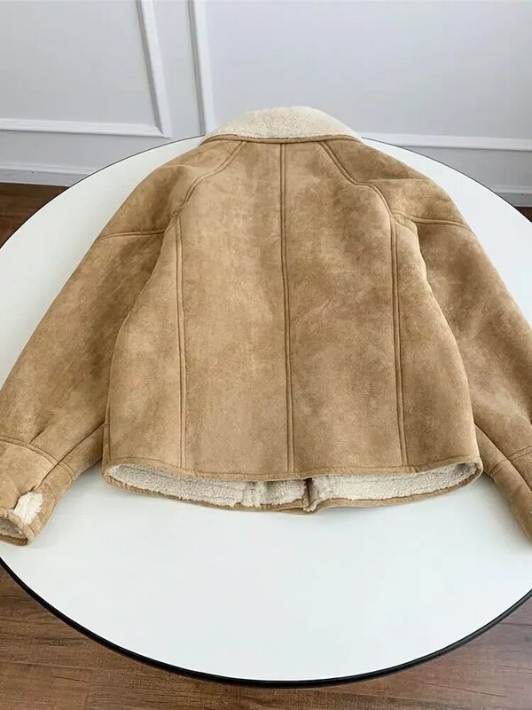 Mantel kulit bulu imitasi untuk wanita, jaket hangat longgar berkancing sebaris, mantel kulit bulu palsu kerah lipat untuk wanita