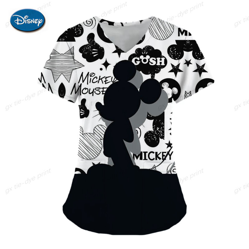 Disney Mickey Minnie Women's Nurse Uniform Scrub Top Cartoon Print Clinic Nursing Protective Nurse Uniform Shirt
