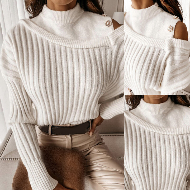 2023 jesienno-zimowa damska wycinanka na ramię zroszony Decor na szyję biała długa sweter z rękawem elegancka odzież robocza bluzka codzienna