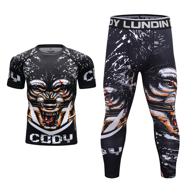 Cody Lundin Spandex Stretch Long Pants Leggings + Cool Masculine MMA Rash Guard Jiu Jitsu Man Shirt and Shorts Set Tracksuits
