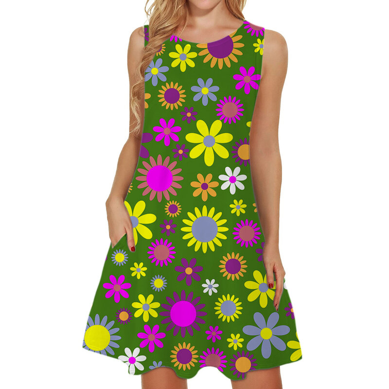 ノースリーブの花柄のドレス,ラウンドネック