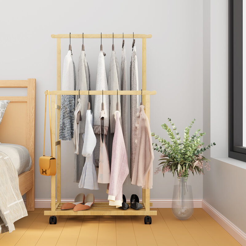Bamboo Garment Coat Clothes Hanging Heavy Duty Rack with Shoe Clothing Storage Organizer Shelves