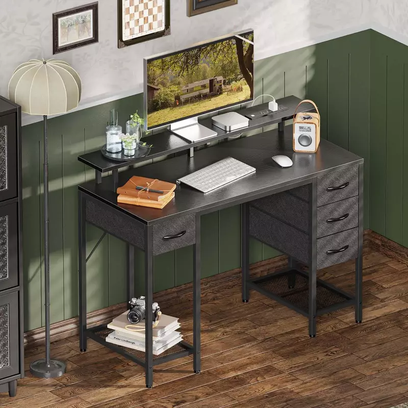 47-calowe biurko komputerowe z 4 szufladami, biurko do gier z lampami LED i gniazdkami zasilanymi, biurko do pracy w domu z pojemne miejscem dla