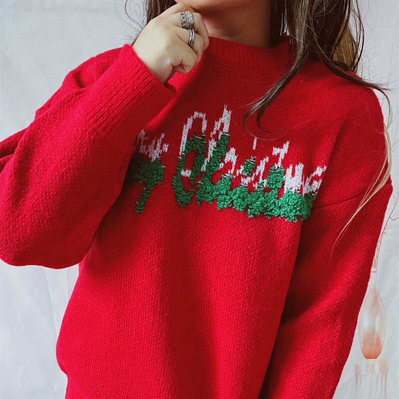 Осень/Зима 2023, новый жаккардовый вязаный Рождественский свитер с круглым вырезом и длинными рукавами, с надписью и елкой, пуловер