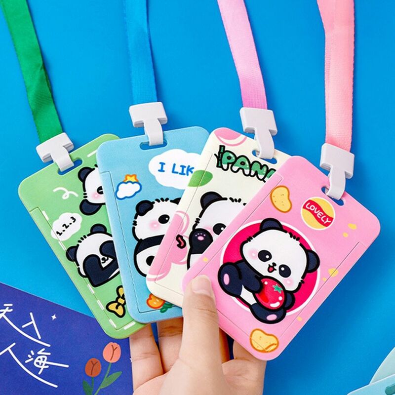 Pelindung kartu motif Panda lucu tali Lanyard tempat kartu untuk siswa penutup pelindung kartu ID Bank Bus