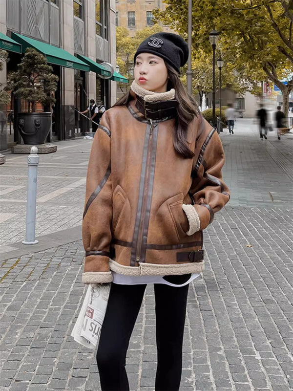 여성용 긴팔 양털 코트, 한국 스타일 스웨이드 모피, 두껍고 따뜻한 오토바이 의류, 2023 겨울 신상