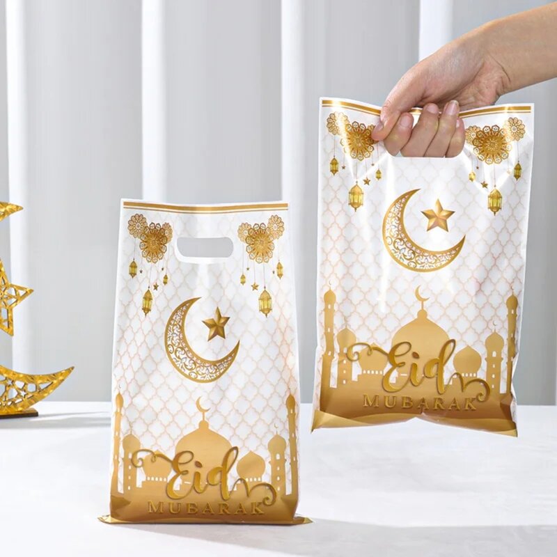 Eid Mubarak Plastic Candy Cookie Bag, Ramadan Kareem Decoração, Fontes do partido muçulmano islâmico, presentes, 10pcs, 2024