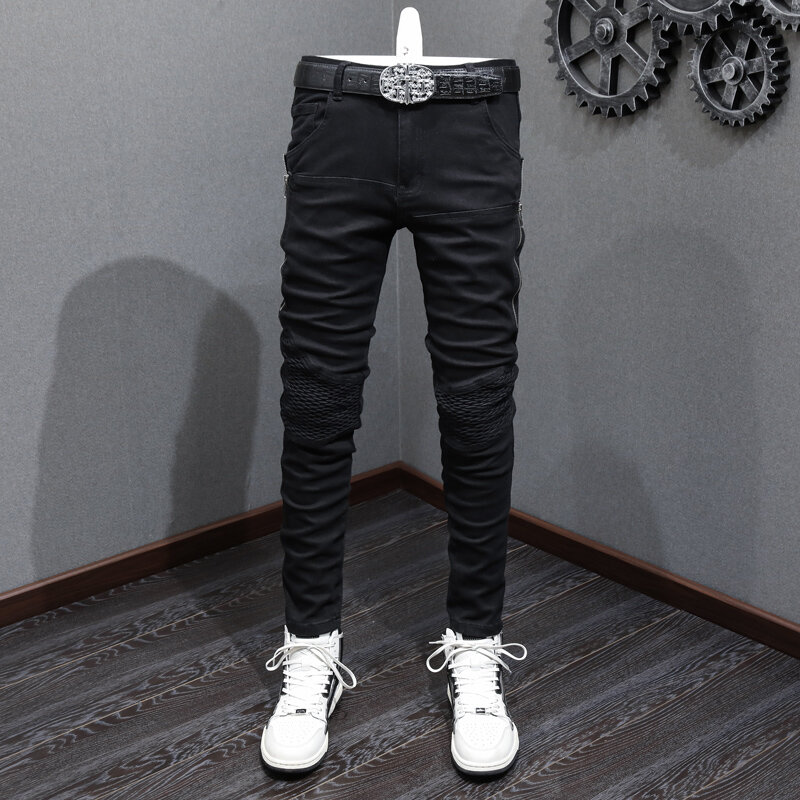 High Street Moda Masculina Jeans Preto Elastic Stretch Skinny Fit Rasgado Jeans Homens Zipper Designer Hip Hop Denim Calças Punk Hombre