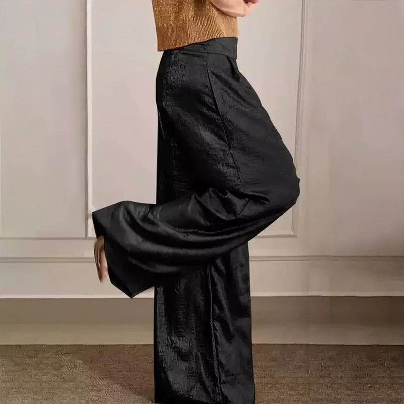 Брюки женские повседневные с высокой талией, винтажные свободные прямые штаны с карманами, широкие брюки в стиле Харадзюку, цвет металлик, весна-лето
