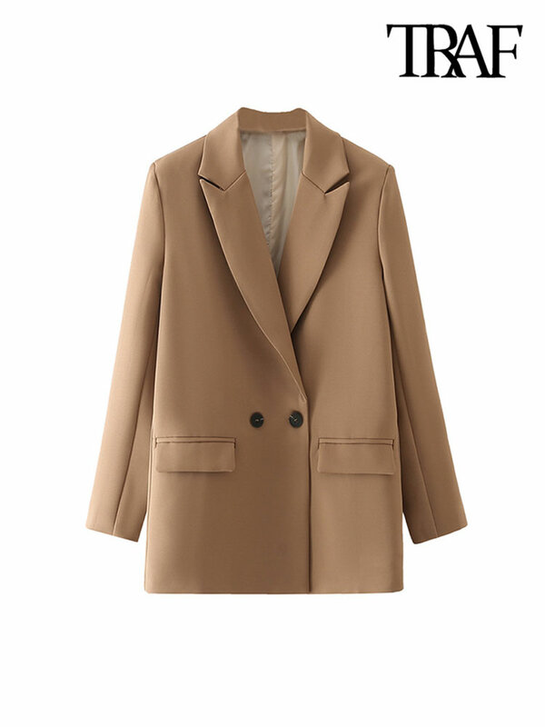 Женский офисный двубортный Блейзер TRAF, винтажное пальто с отложным воротником и длинным рукавом, верхняя одежда, Стильные топы