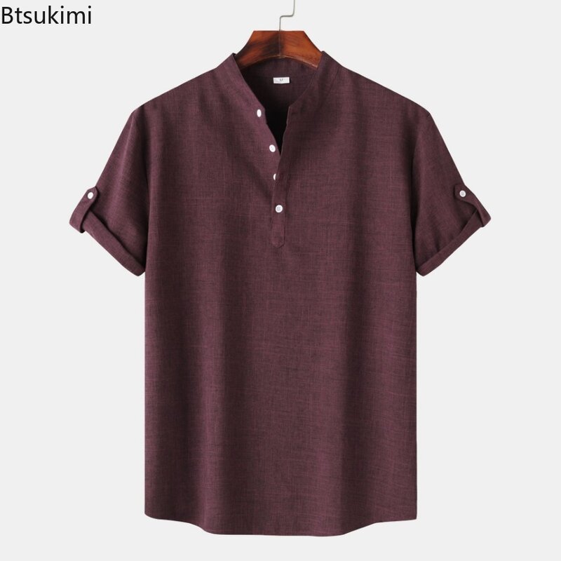 New Men's Solid Stand Collar Short-sleeved Shirts Fashion Casual Men Slim All Match Blouse Trend Streetwear Beach Shirt for Men