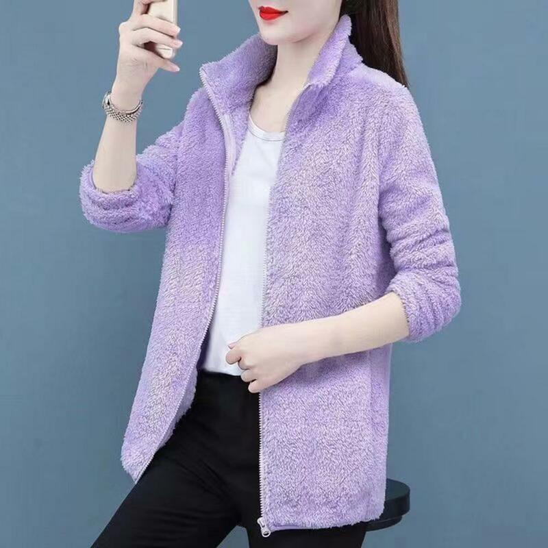 Comfortable Women Jacket Thickened Coral Fleece Women's Winter Coat with Stand Collar Zipper Closure Long Sleeve Lady for Fall