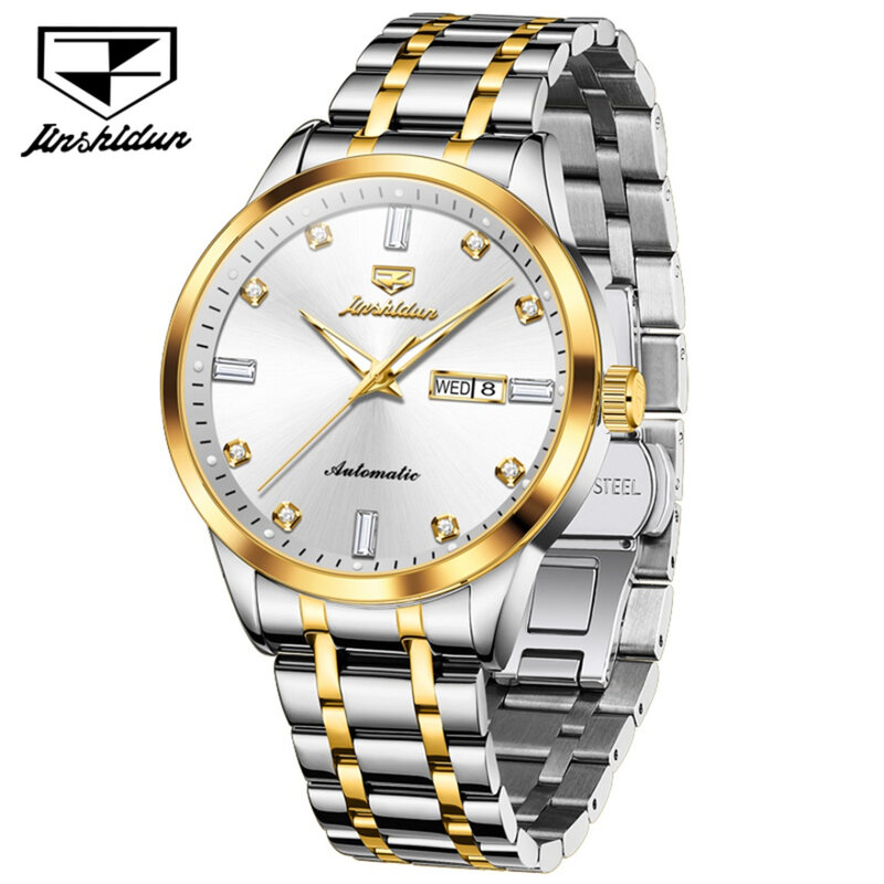 JSDUN-Reloj clásico mecánico, pulsera de acero inoxidable, esfera redonda, calendario de visualización semanal, regalo, 8841