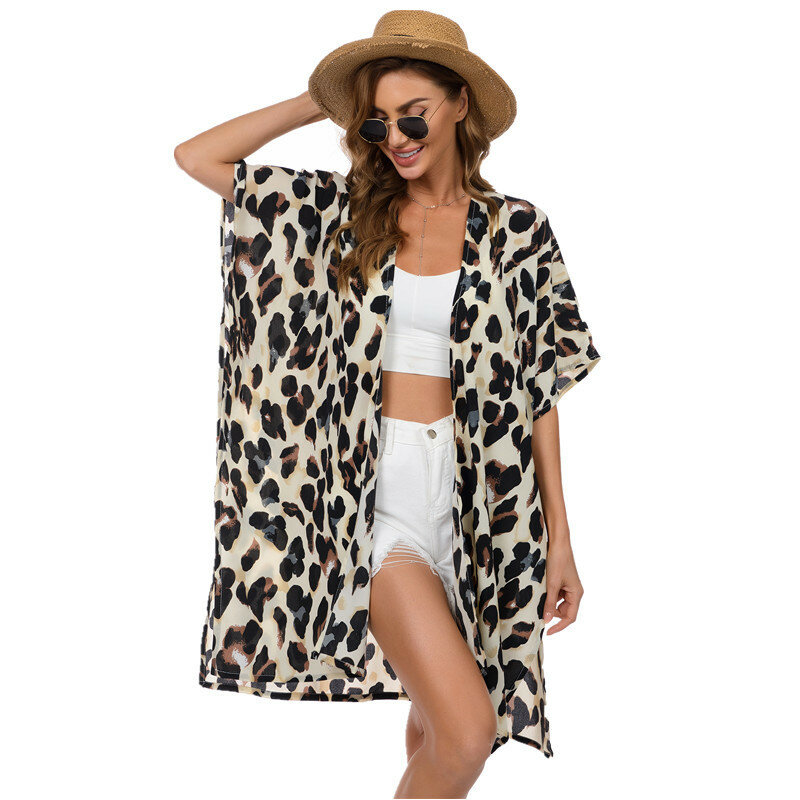 Пляжная юбка с леопардовым принтом, Солнцезащитная рубашка, Женская пляжная блузка, шифоновый кардиган с принтом, женский пляжный праздничный модный Досуг P2