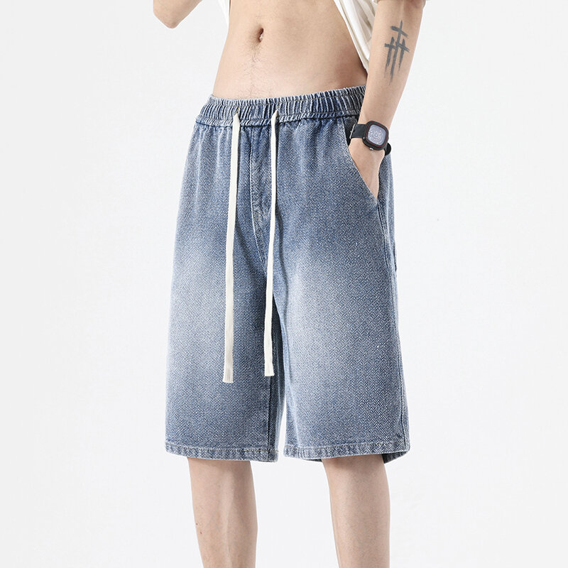 2024 Sommer dünne neue Herren Denim Shorts Straight Leg Baggy Jeans Ins modische weitb einige elastische Taille koreanische Streetwea