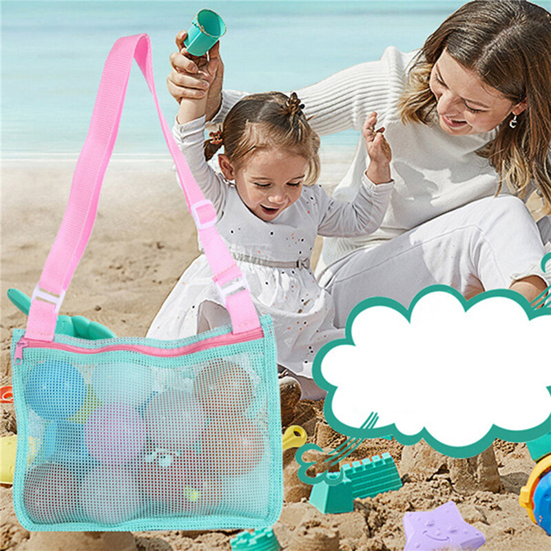 Bolso de hombro de playa de malla ajustable para niños, organizador de juguetes, bolsa de almacenamiento con correa de red con cremallera, bolsa de colección de conchas para niños, cubo redondo