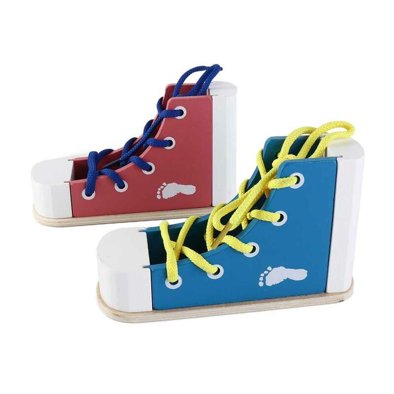 รองเท้าผูกเชือกรองเท้าไม้ของเล่น permainan Teka-teki เชือกผูกรองเท้าสวมใส่รองเท้าที่มีเชือกผูกรองเท้าไม้รองเท้าผ้าใบผูกเชือก