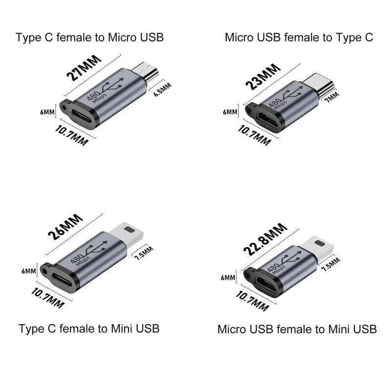 Type-C Naar Micro Usb Mini Usb Adapter Converter 18W Aluminium Connector 480Mbps Voor Digitale Camera, Gps Drop Shipping