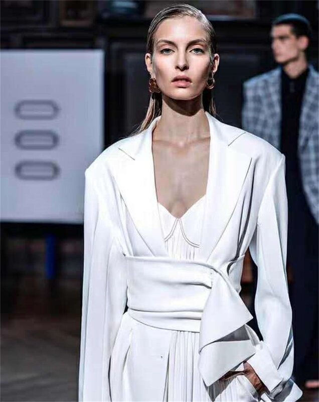 Blazer Blanc Trempé avec Ceinture pour Femme, Veste à Simple Boutonnage, Manteau de Bureau Formel, en Stock