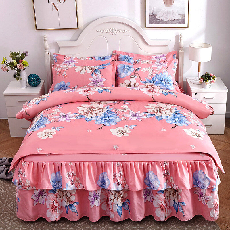 Ropa de cama de encaje de doble capa, tela lijada gruesa, falda de cama de cuatro piezas