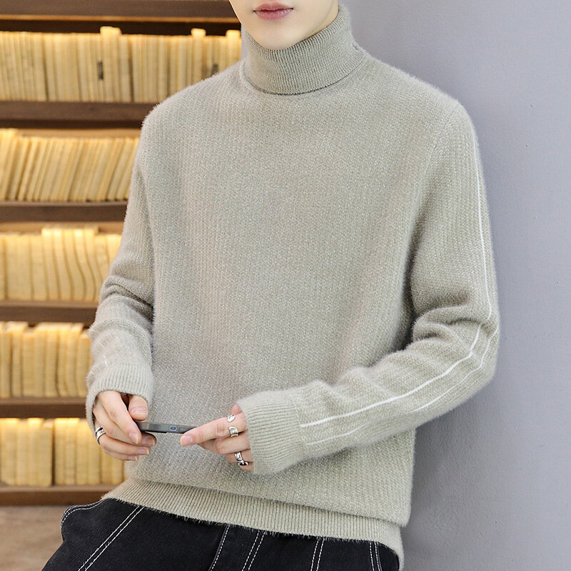 Camisola masculina lã de fundo camisa de gola alta engrossado quente camisola pulôver sólido outono inverno roupas simples casual