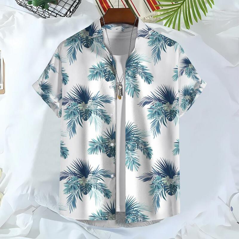 Camisa havaiana masculina com gráficos 3D estampados com plantas, botão, manga curta, streetwear de lapela, blusa, moda verão