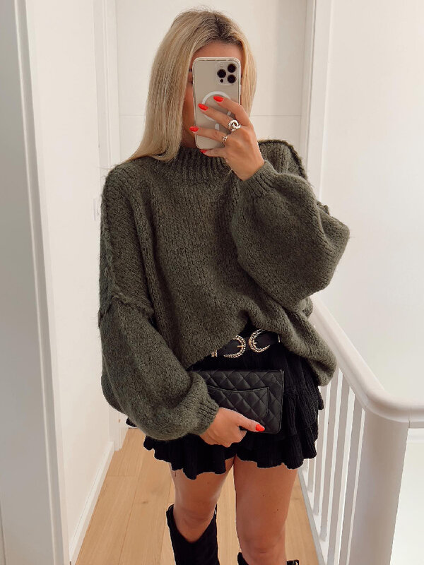 2023 Autumn Winter Thick Solid Casual Street Lady Jumper Loose Sweater Women Knitted Long Lantern Sleeve O-neck Female Pullover