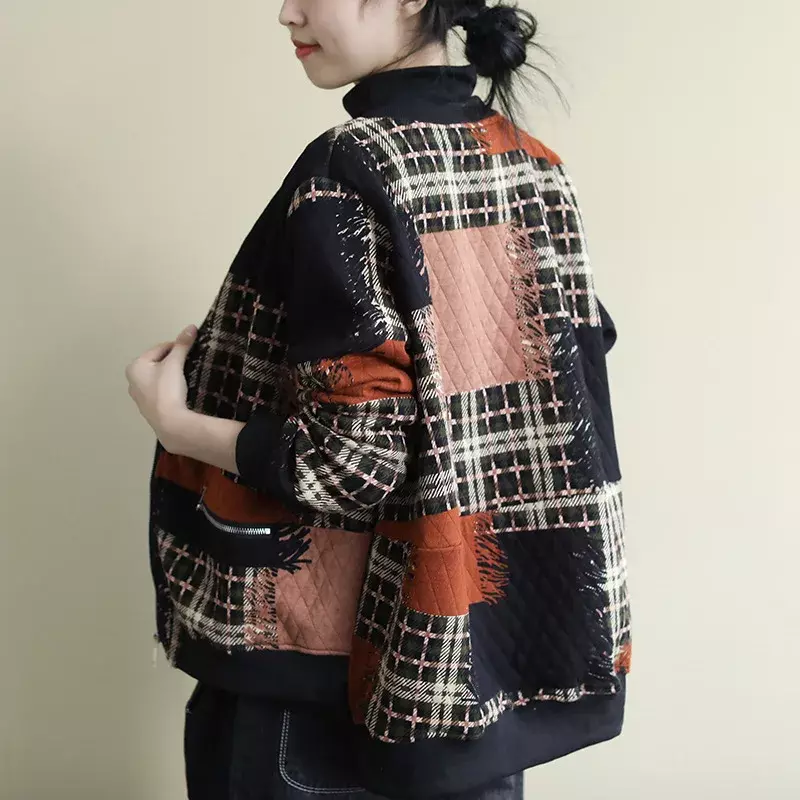 Mantel wanita Vintage, jaket wanita motif kotak-kotak hangat, pakaian luar perca, pakaian kasual longgar, Model China, baru, 2024