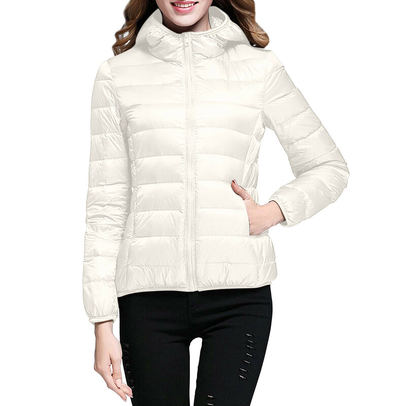 女性用の白いダックダウンコート,秋冬用の超軽量,暖かいスタンドカラー,ハイキング用のアクセサリー,90%