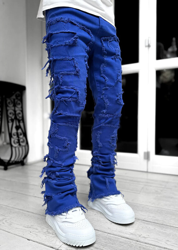 Regular Fit Gestapelde Jeans Gescheurde Slim Fit Patch Distressed Vernield Spijkerbroek Hiphop Streetwear Broekdoek
