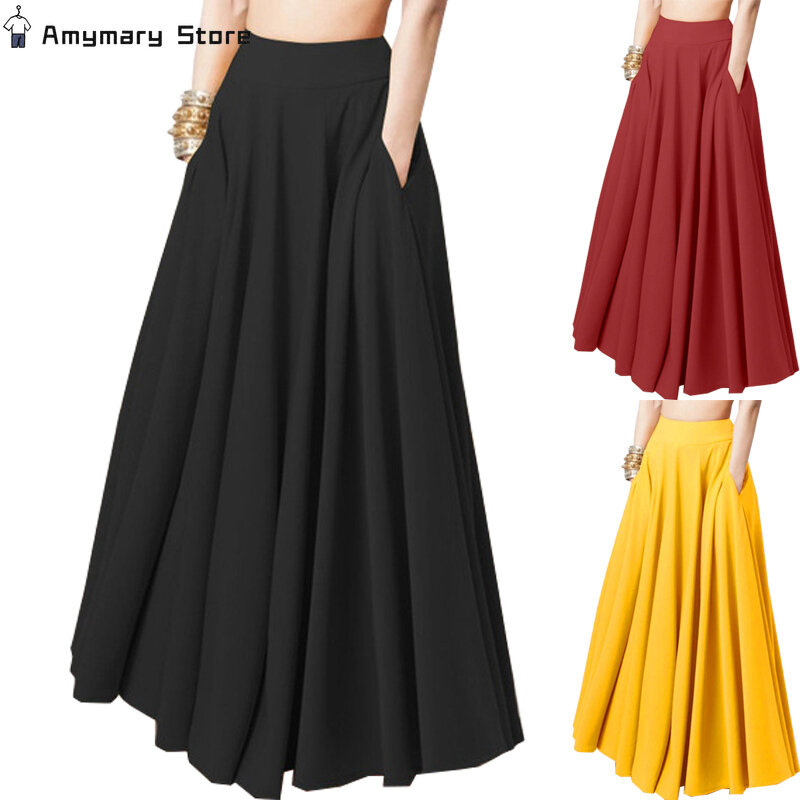 Letnia damska Oversized Swing spódnica z wysokim stanem modna jednolity kolor elegancka wakacyjna spódnica z długim półciałem