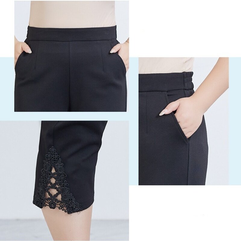 Летние женские укороченные эластичные брюки, модель 5XL/6XL большого размера, с высокой талией, 100 кг, женские брюки, укороченные черные брюки