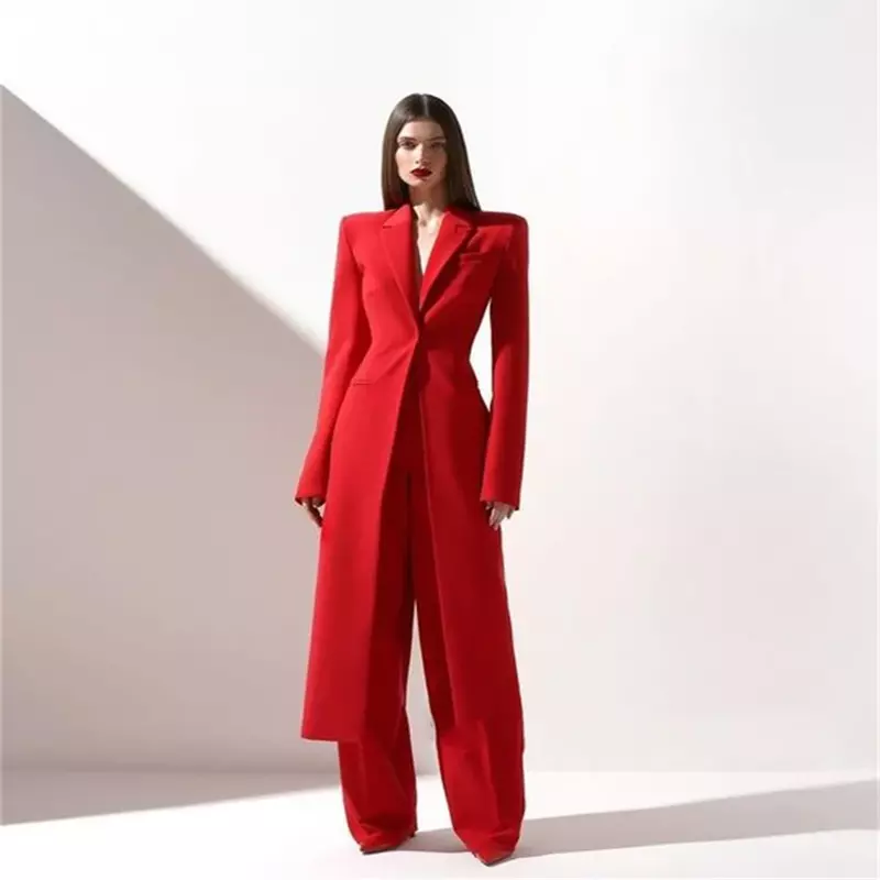 Conjuntos de pantalones de alta gama para mujer, abrigo largo de un botón, solapa de pico de moda, trajes personalizados de Color sólido, Formal, ajustado, dama de oficina, 2 piezas