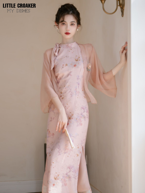 20223 chińska codzienna rozszczepiona suknia w stylu Qipao różowa kark na szyi nowa chińska jesienna sukienka Qipao ulepszona Qipao