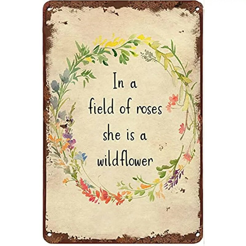 Signe en étain en métal créatif dans un champ de Rose, elle est une fleur sauvage, drôle, décor mural d'été, décor de ferme pour la maison, les cafés