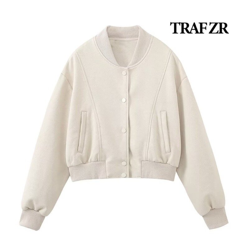 TRAF ZR New Coats and Jackets Cropped Bomber Jackets Front Pockets Buttons Closure High Street Women's Outerwear Female Outfits