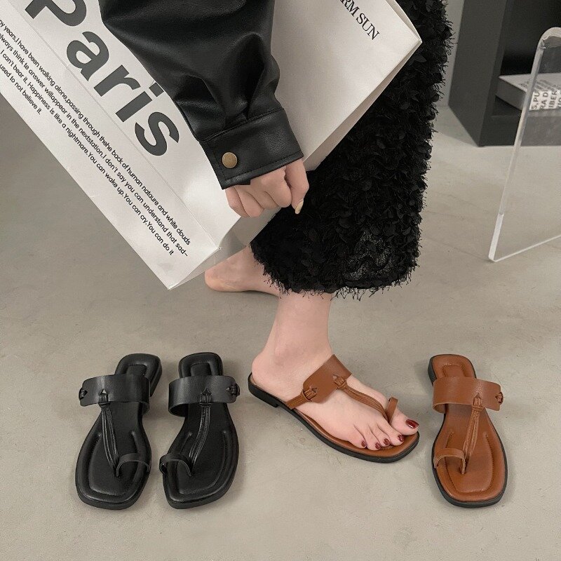 Comemore-Zapatillas de playa de tacón bajo para mujer, chanclas cómodas, parte inferior plana, color marrón, talla grande 42, 2024