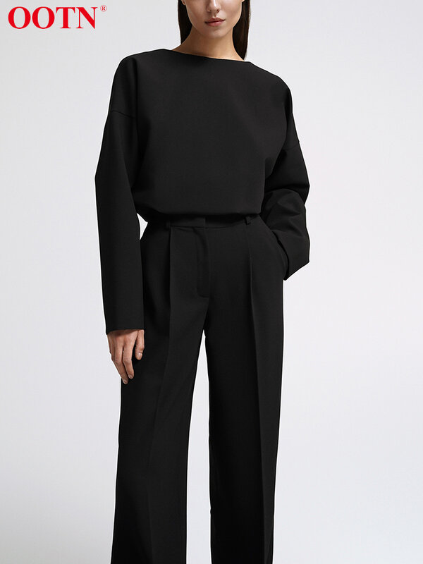 OOTN-Ensemble 2 pièces noir pour femme, tenue de bureau, pantalon taille haute, col rond, couleur unie, mode automne 2023