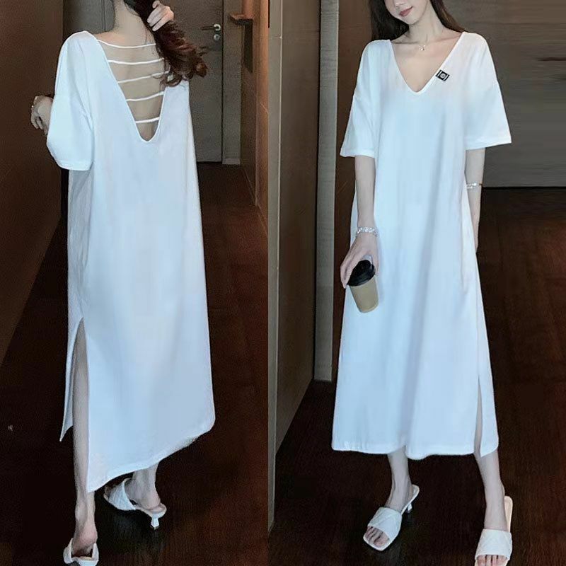Lazy Wind  Size 300 Pound Sex Appeal Backless V-neck T-shirt Vent Long Pattern Frock Girl Bodycon Dress Robe Argent  Robe Argent