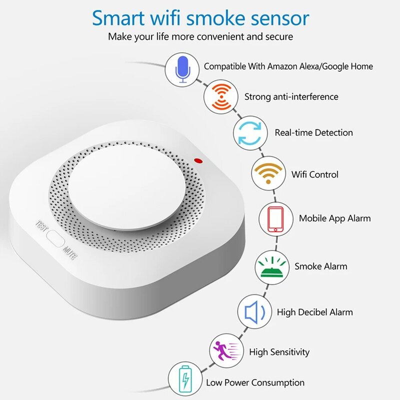 Tuya detektor asap WiFi pintar nirkabel, sistem keamanan rumah Sensor api (termasuk baterai) 433mhz deteksi waktu nyata