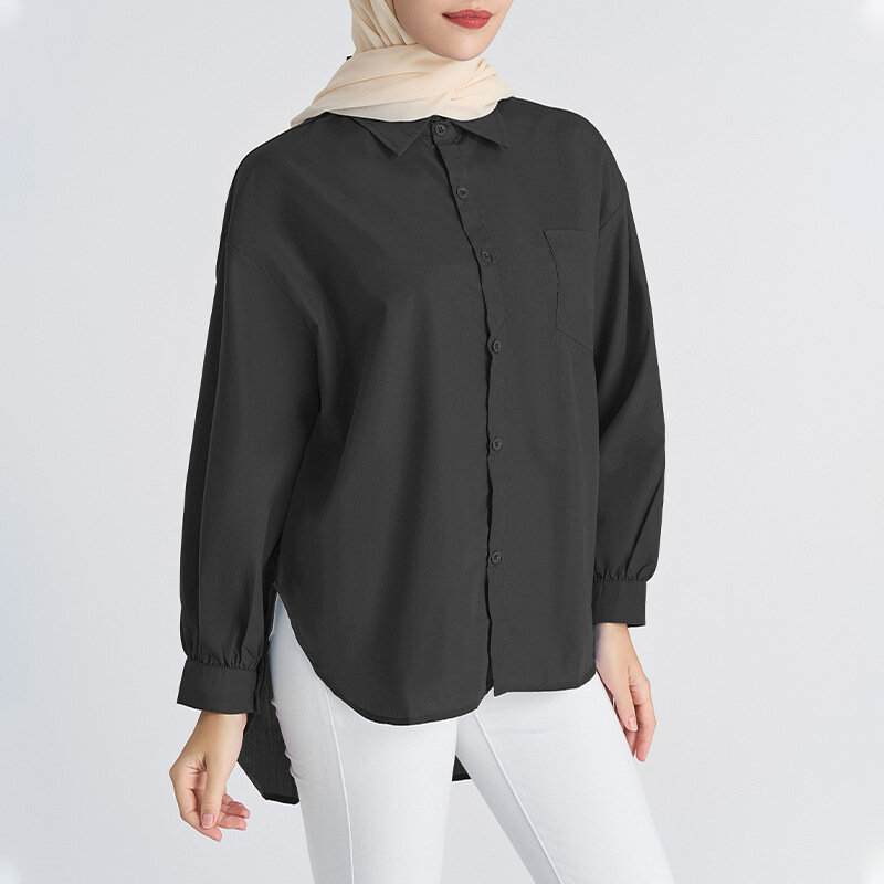 2023 warna Solid dekorasi saku atas blus dasar wanita kerah lipat kemeja lengan panjang atasan Muslim wanita Dubai Islamisme