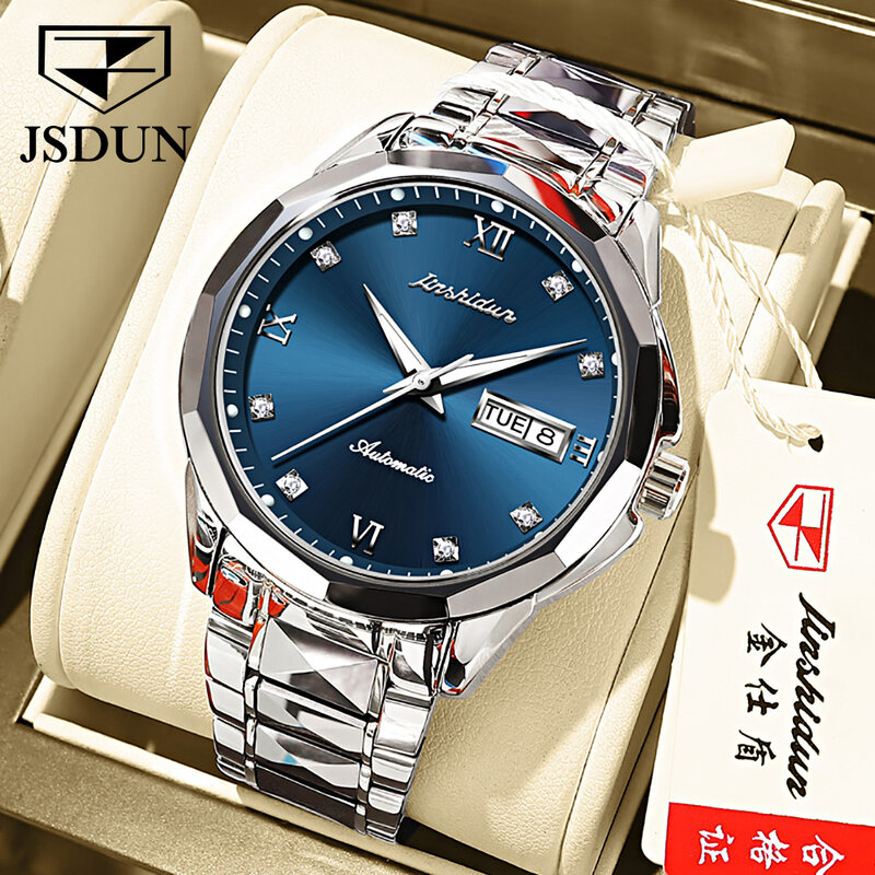 JSDUN Relógio automático masculino, pulseira de aço tungstênio, espelho safira, relógio de pulso masculino impermeável, presente para marido, luxo original, 8813