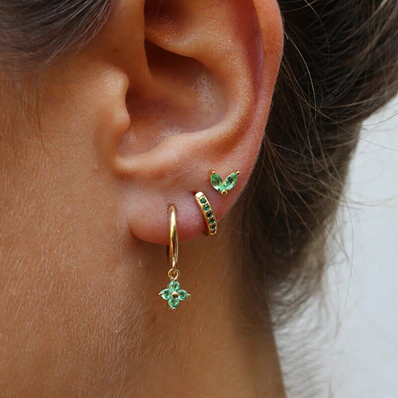 3PCS indah Zircon hijau anting gantung Set untuk wanita bunga baja nirkarat menjuntai anting tulang rawan tindik perhiasan