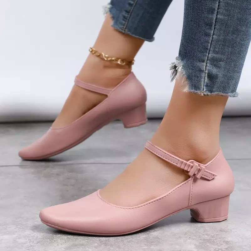 Spring Women's Heeled Shoes New Pionted Toe Shallow Chunky Heel Ankle Strap Single Shoes for Women Dress Office Ladies Pumps
