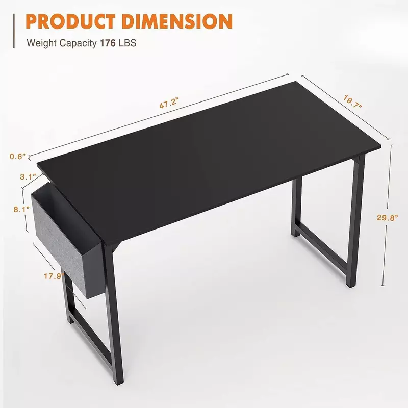 Computer Desk 48 Inch Writing Work Student Study Modern Simple StyleWooden Table with Storage Bag & Iron Hook - Black