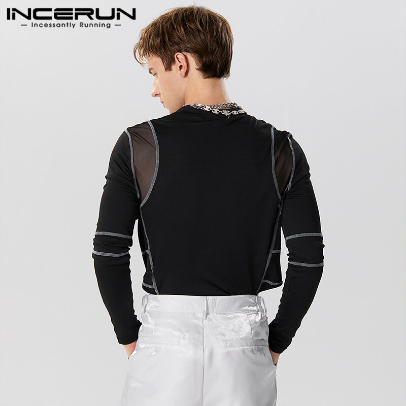 INCERUN 2023 Sexy New Mens Jumpsuits Stylish Line Splicing Design Rompers Leisure Comfortable O-Neck Long Sleeve Bodysuits S-5XL