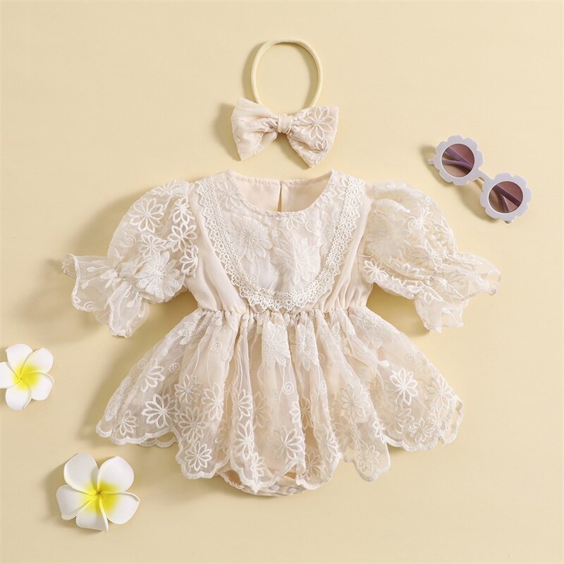 Toddler Baby Girls Lace Kids Romper Dress Floral Embroidery Short Sleeve Jumpsuits and Elastic Headband Children's Clothing Set