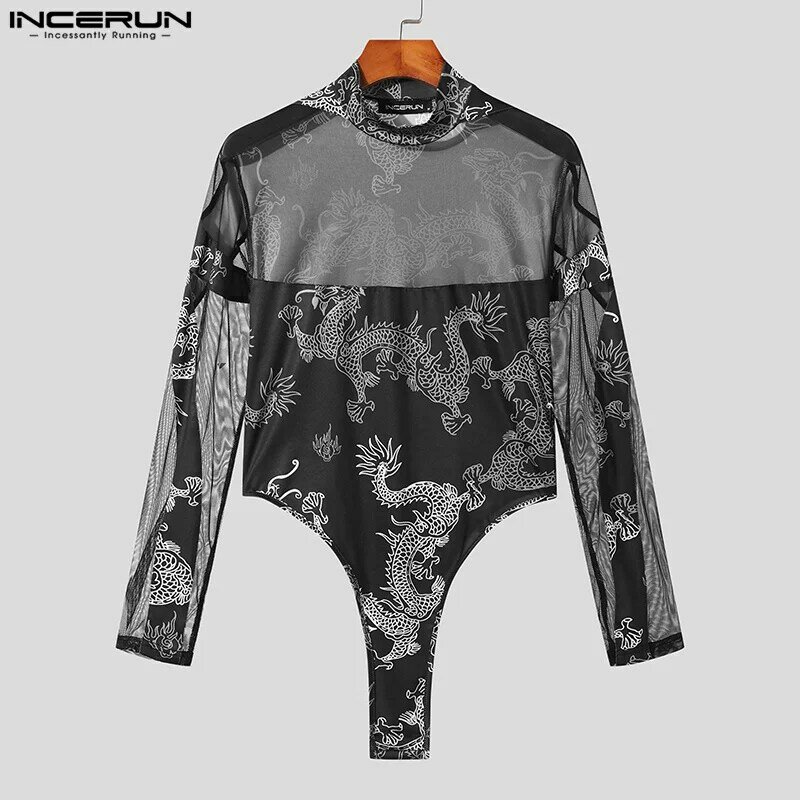 Sexy Style New Men's Jumpsuits Fashion Casual Splicing Ethnic Dragon Pattern Printed Mesh High Neck Bodysuits S-5XL INCERUN 2023