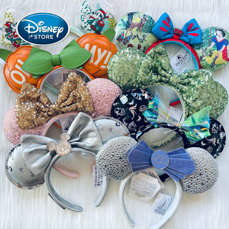 Disney-Faixa prateada com orelha de Mickey Mouse, 100 ° Aniversário, Minnie, Branca de Neve, aro de lantejoulas, acessórios para presente